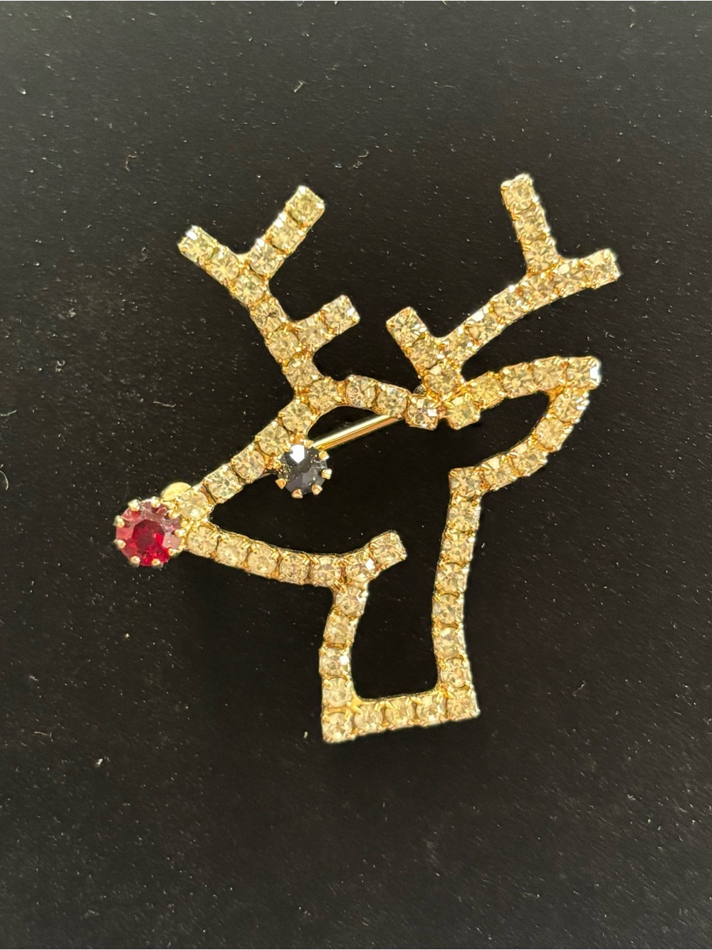 Vintage Gold-tone Rudolph the Red-Nosed Reindeer Brooch Sparkling Crystals